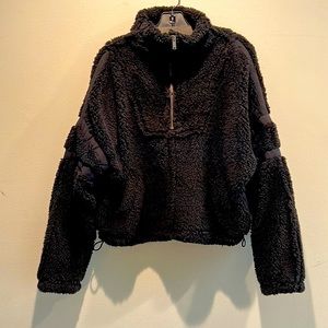 FP Movement fleece with black ribbon varsity stripes down sleeves